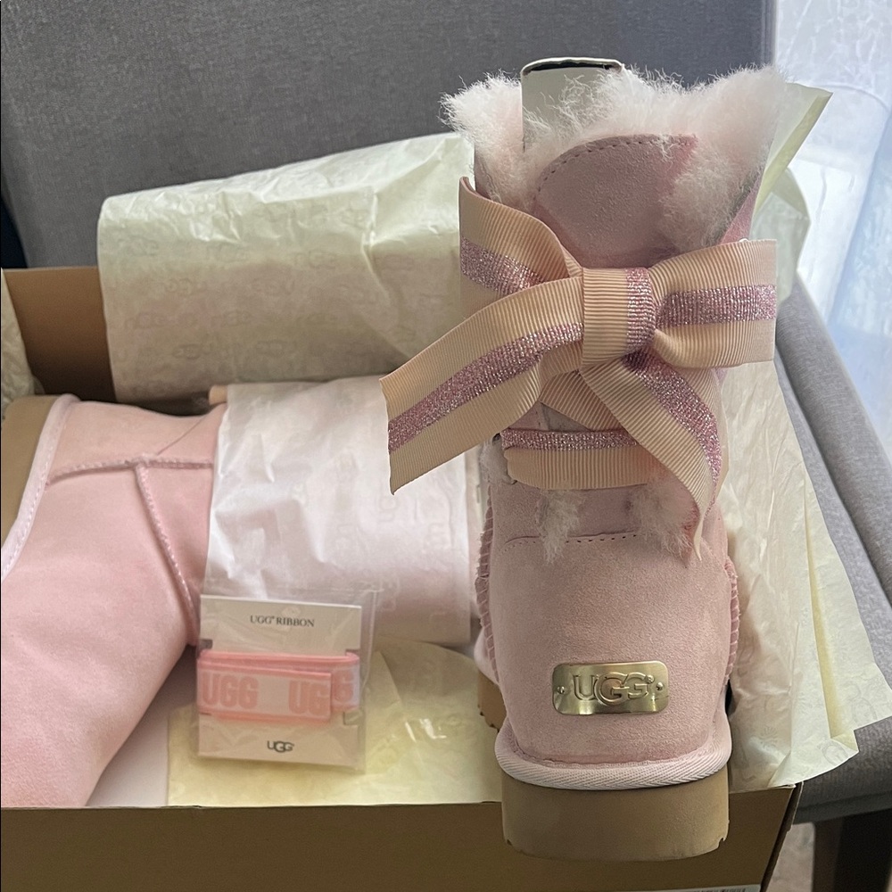 UGG Ballerina Pink Suede Shearling Boot with Ribbon Bow